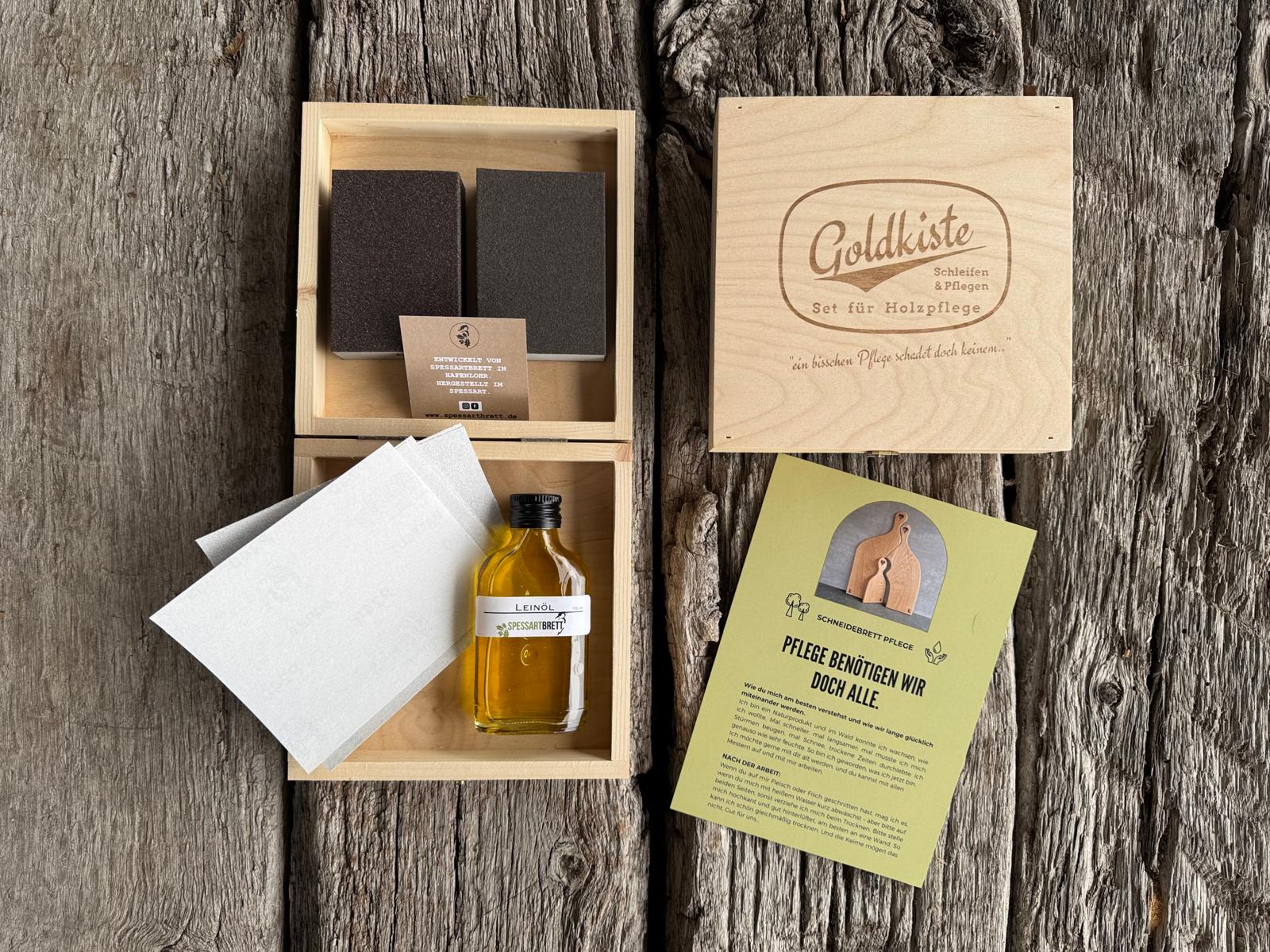 Leinöl Goldkiste - Set für Holzpflege - Spessartbrett. 9-teilig.