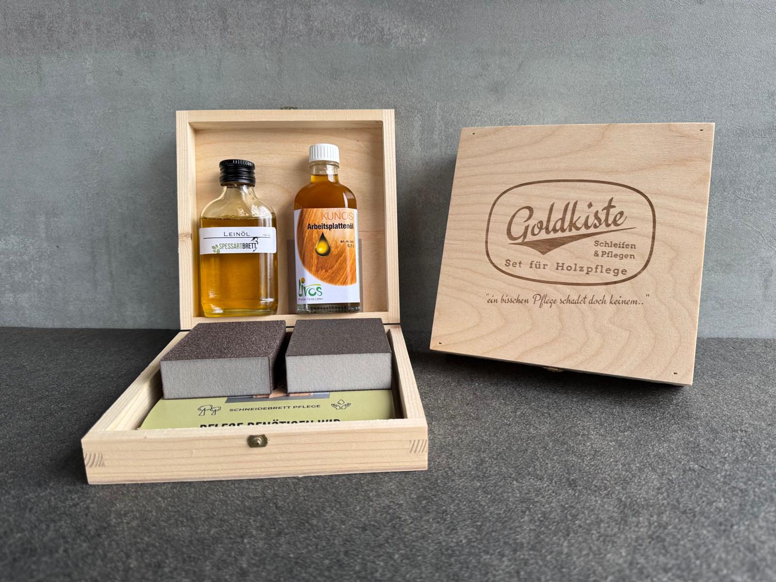 9-teilige Goldkiste - Set für Holzpflege - Spessartbrett.
