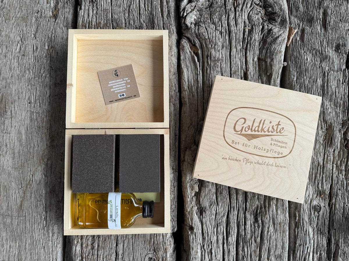 Leinöl Goldkiste - Set für Holzpflege - Spessartbrett. 9-teilig.