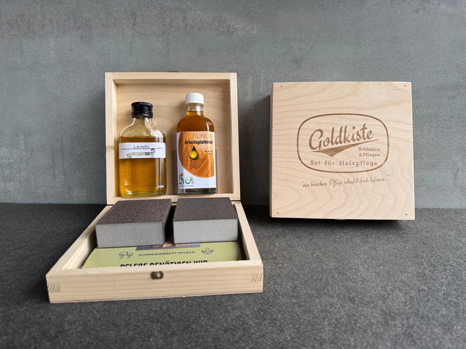 Livos oder Leinöl Goldkiste - Set für Holzpflege - Spessartbrett. 9-teilig.